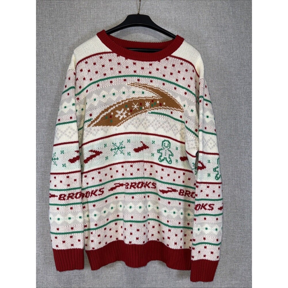 Brooks Running Logo Ivory Red Trim Ugly Christmas Sweater Men's Large Off White